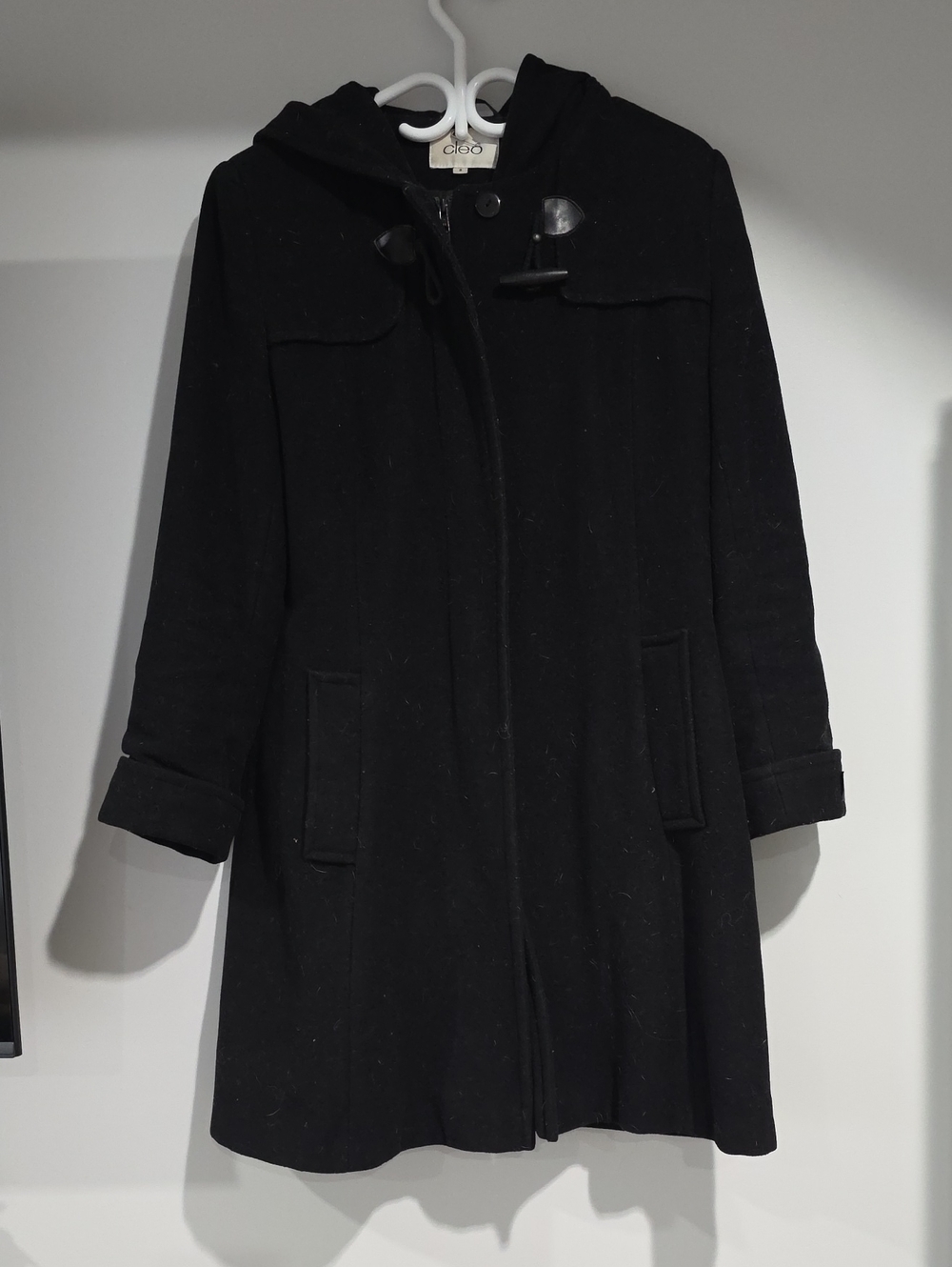 cleo Black Hooded Trench Coat with Toggle Closure